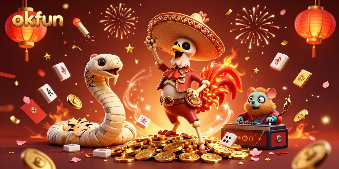 Engage in the vibrant world of okfun with a 3D illustration of a cartoon skeleton mariachi rooster and themed gambling elements.