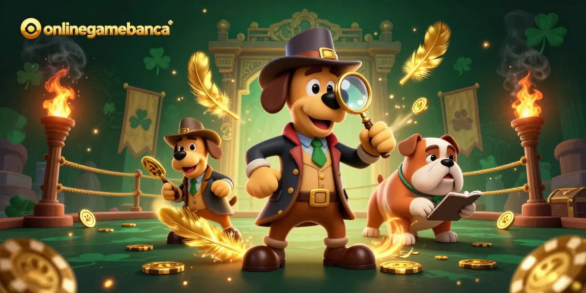 Discover the immersive scene with onlinegamebanca's detective and companion investigating a golden poker clue amidst vibrant casino elements.