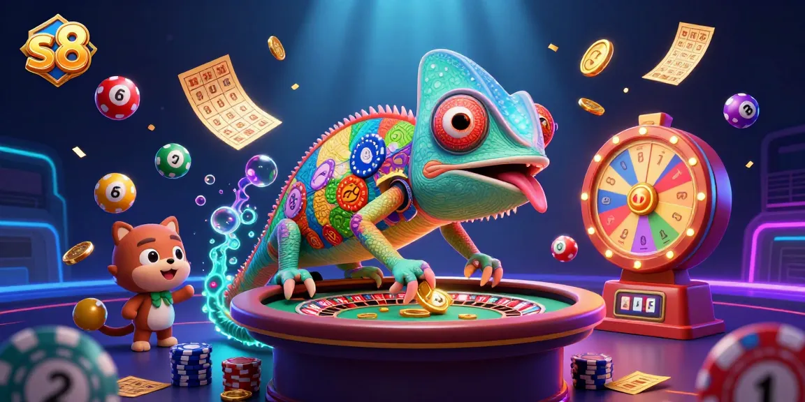 Play exciting games at s8's vibrant casino, featuring a colorful chameleon and lottery elements.