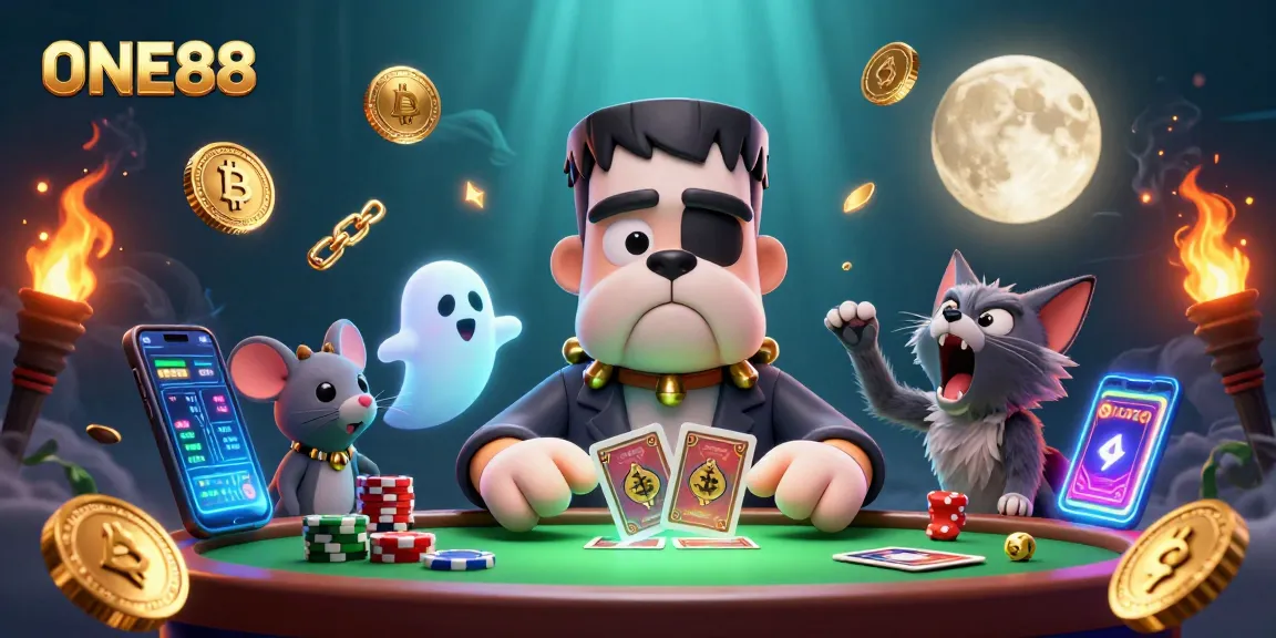 Betting excitingly at ONE88, a lively casino scene reveals a Frankenstein bulldog and werewolf kitten.