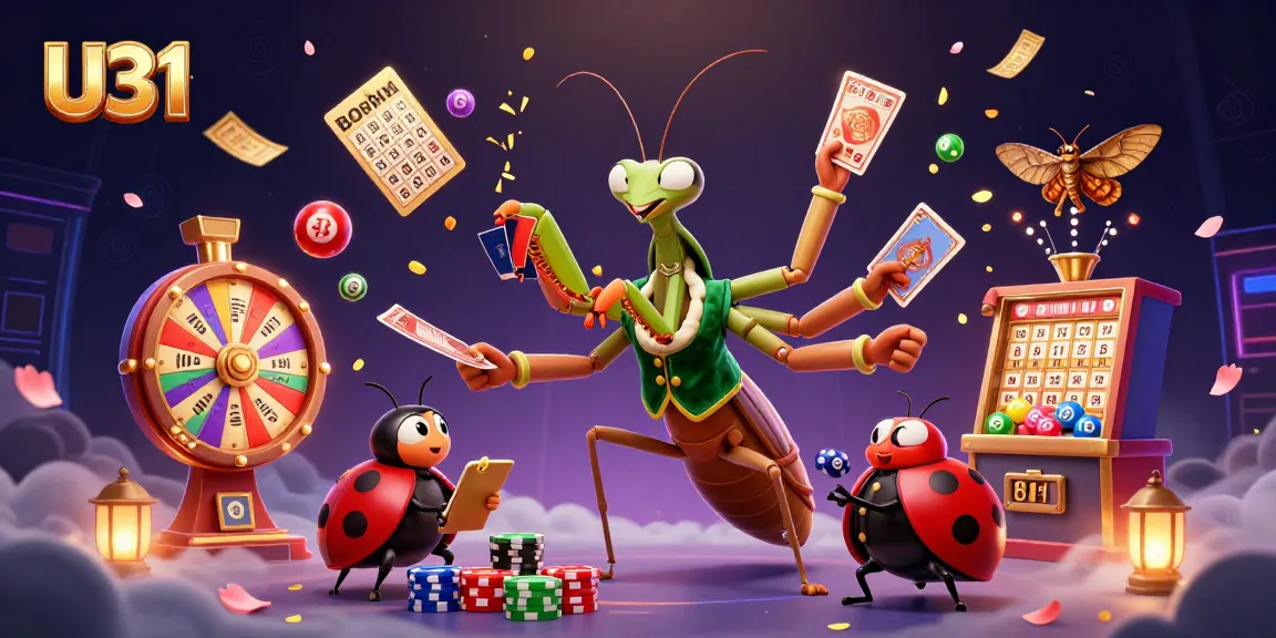 Engage with U31's vibrant casino experience featuring a giant praying mantis card sharp dealing illustrated games.