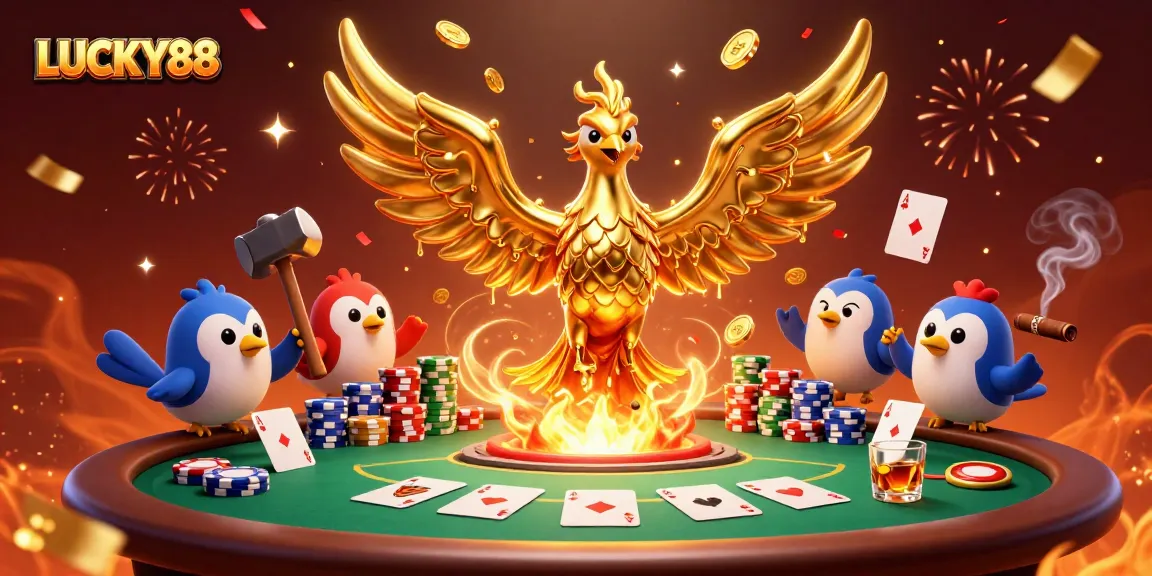 Winning at LUCKY88's poker tables, while a magical phoenix and sparrows celebrate victory.
