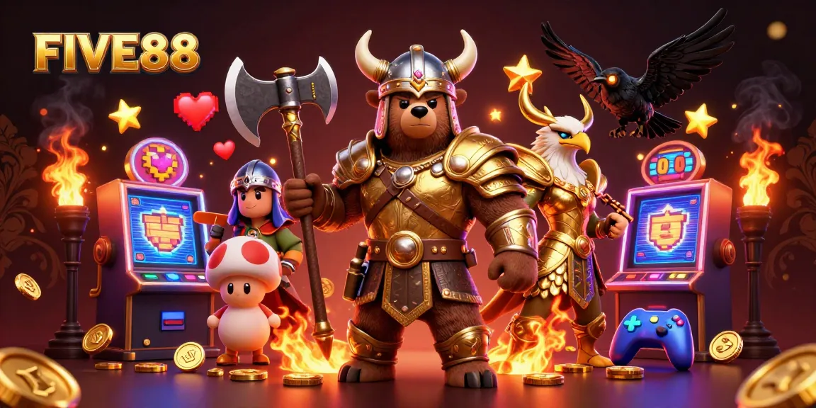 Experience the thrill of FIVE88 with a vibrant 3D casino scene featuring dynamic characters and game elements.