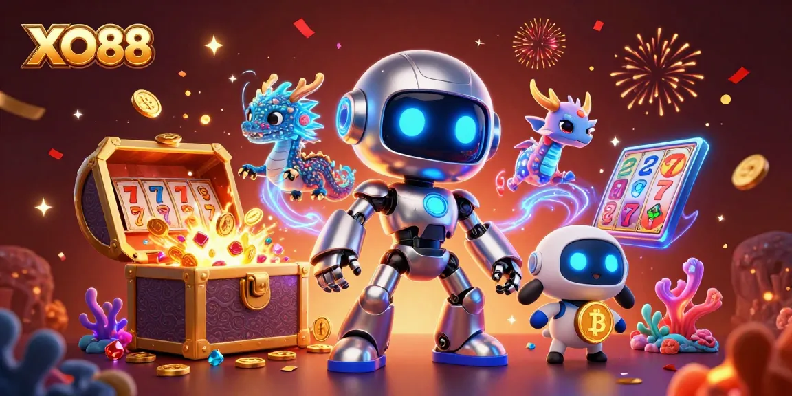 Experience thrilling wins with XO88 in this vibrant casino scene featuring robots and treasures.
