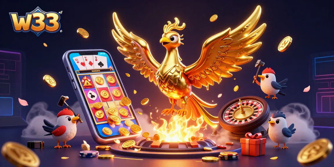 Spin the reels with w33 at this vibrant casino scene showcasing exciting games and promotions.