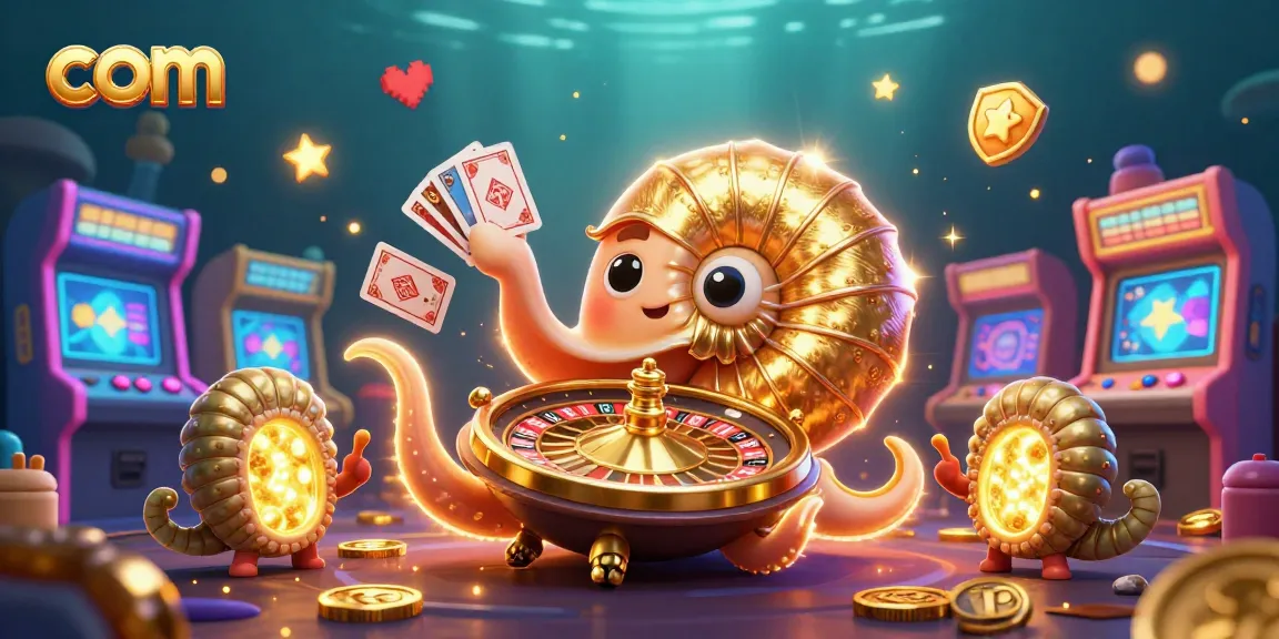 Spin and win at com with a vibrant 3D casino scene featuring a giant nautilus roulette wheel.