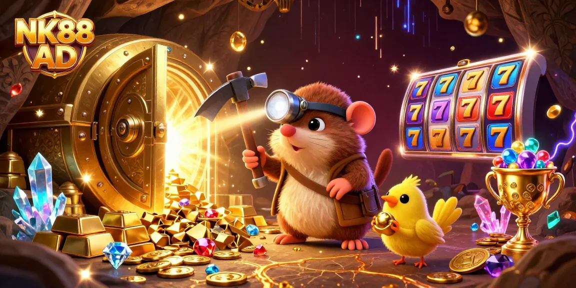Engage with exciting gaming treasures at NK88 AD, featuring slot reels and vibrant treasures.