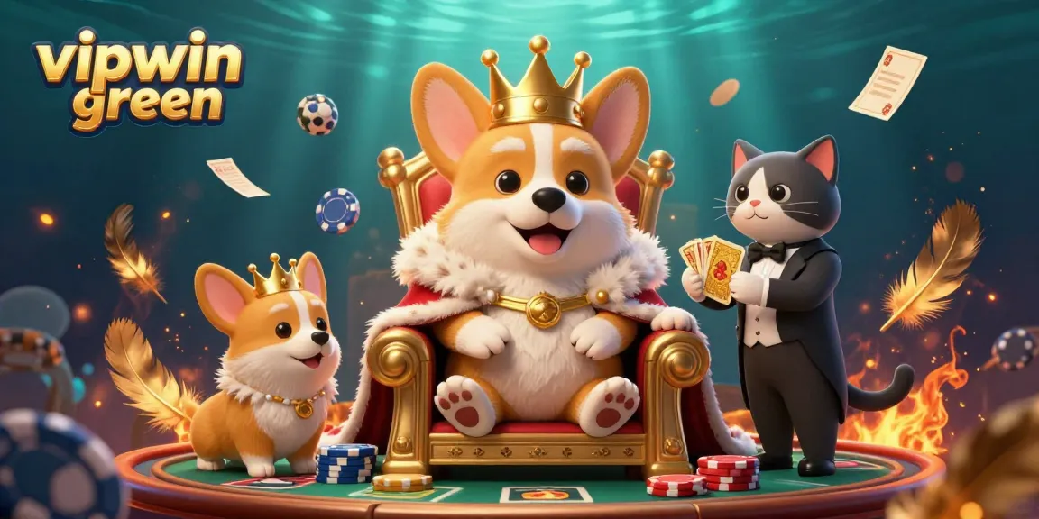 Experience thrilling bets at vipwin green with a vibrant illustration of a royal corgi in a casino environment.