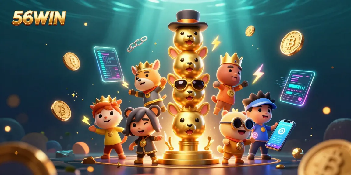 Experience thrilling games at 56WIN with vibrant, engaging illustrations of gaming elements.
