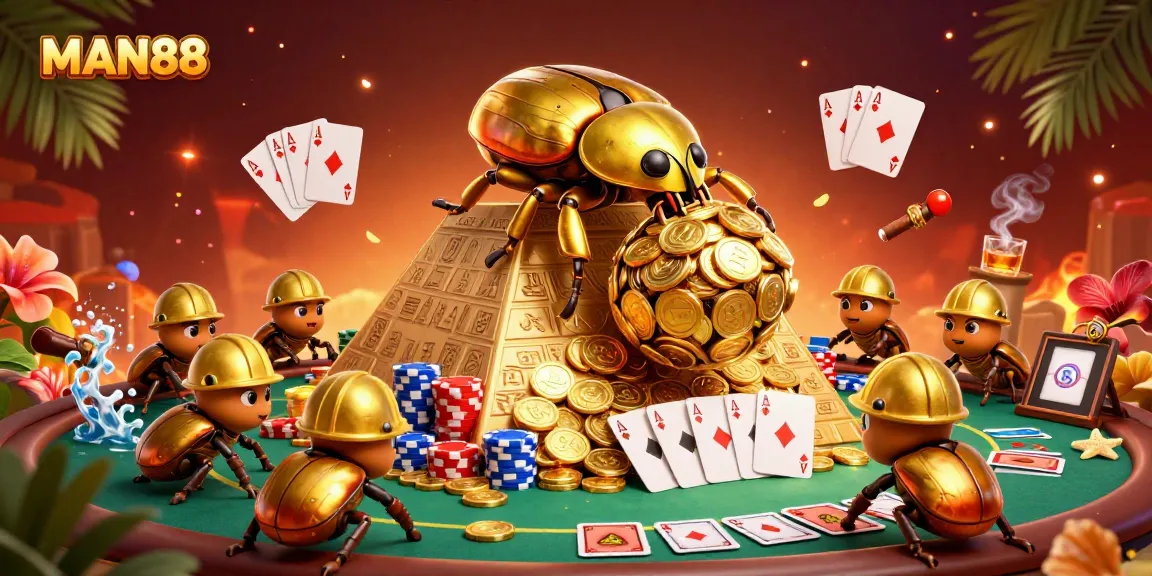 Engage with MAN88's vibrant gaming scene featuring golden beetles and dynamic poker elements.
