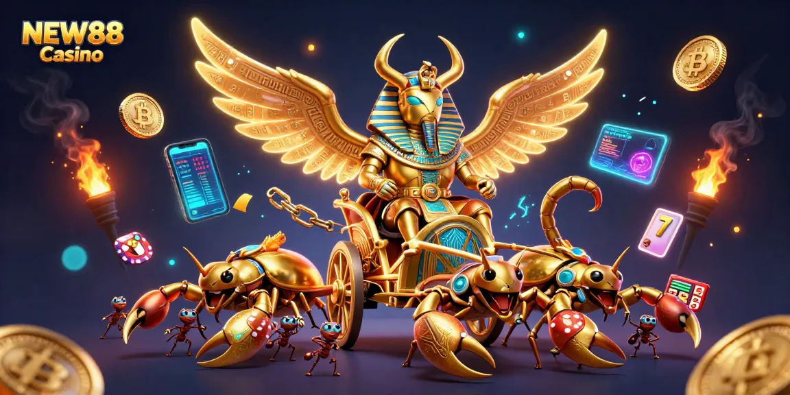 Engage with NEW88 Casino in a vibrant 3D scene featuring a golden scarab beetle, scorpions, and poker chips.
