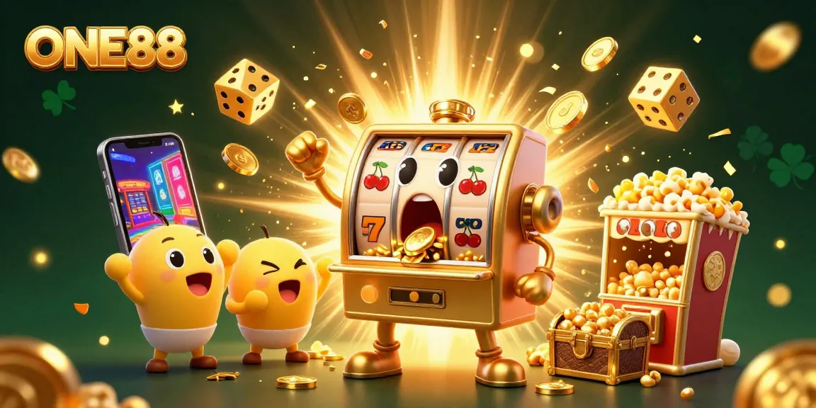 ONE88 slot machine celebrates hitting a jackpot amidst a vibrant casino-themed scene.