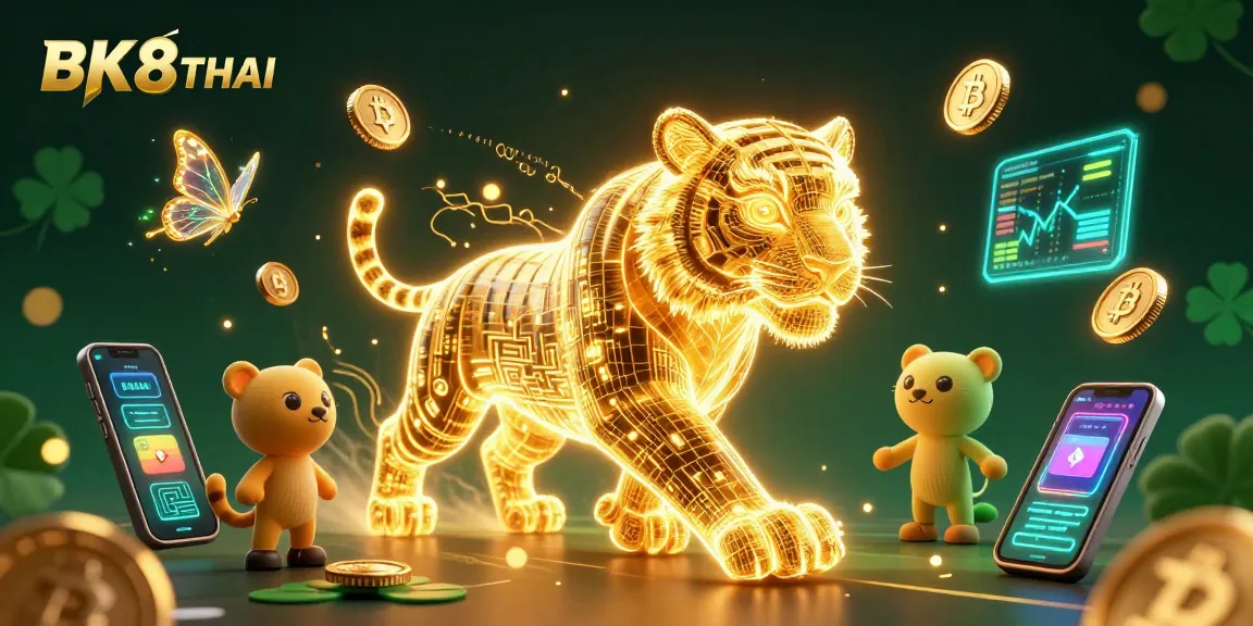 Engage with BK8THAI in a vibrant digital casino world filled with neon elements and a golden tiger.