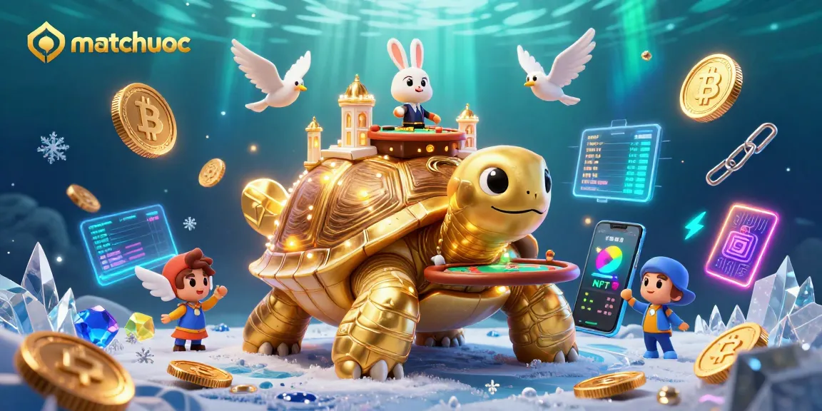 Experience matchuoc's vibrant casino scene featuring a golden tortoise with a poker table, celebrating winning strategies.