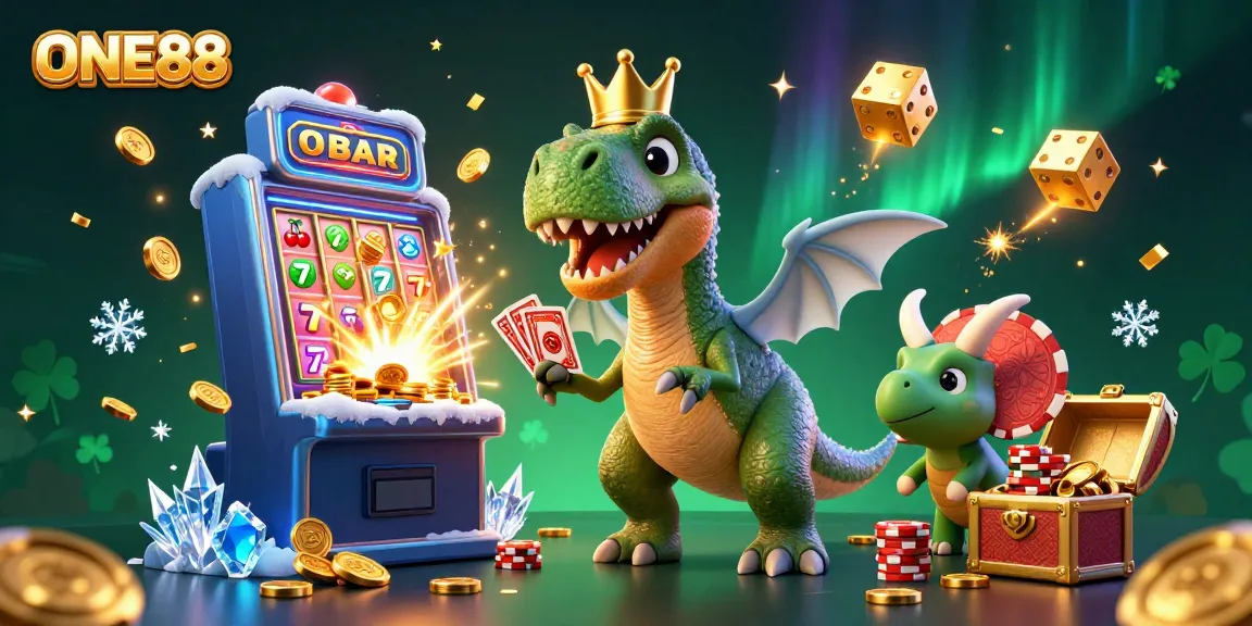 ONE88 promotes thrilling casino games featuring a charming T-Rex and vibrant slot machines.