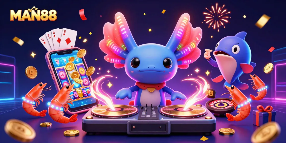 Experience thrilling gaming at MAN88 with vibrant casino elements and fun characters celebrating.