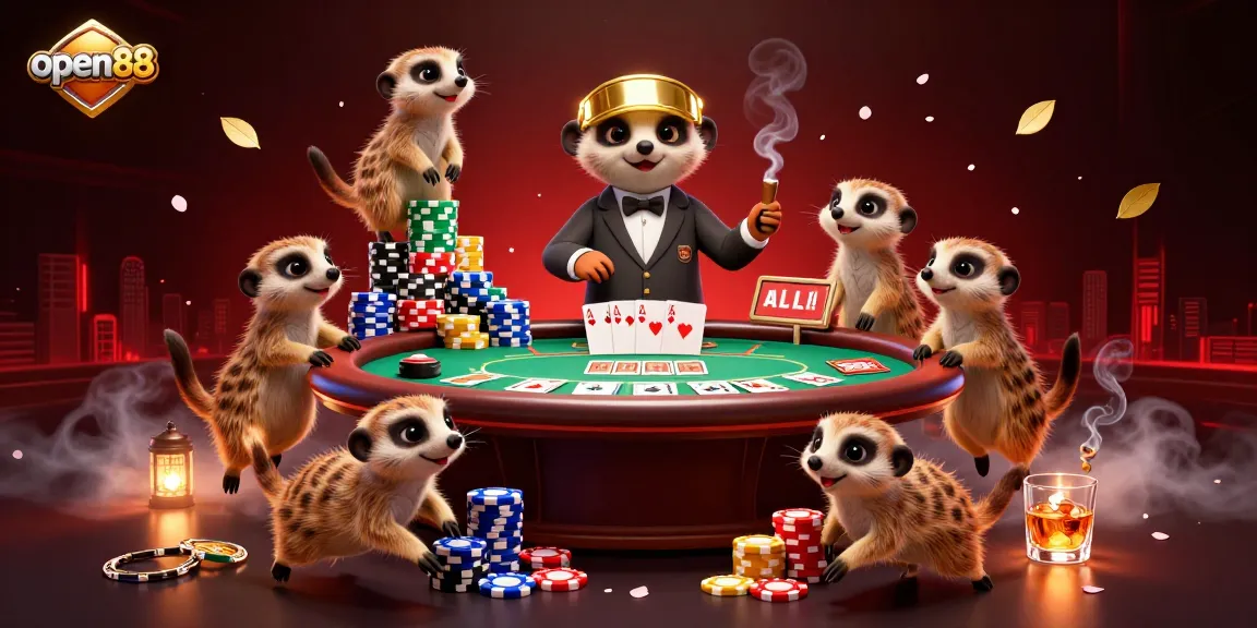 Experience the lively operations of open88's meerkat casino, featuring a dynamic scene with card games and colorful chips.