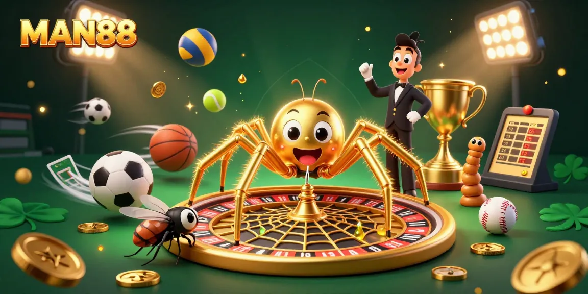 Place bets at MAN88 with a golden spider spinning roulette web and dynamic sports elements.