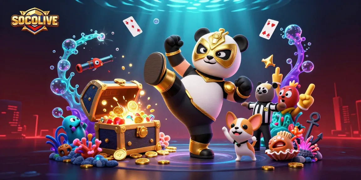 SOCOLIVE showcases a dynamic online casino scene with a wrestler panda and vibrant gambling elements.