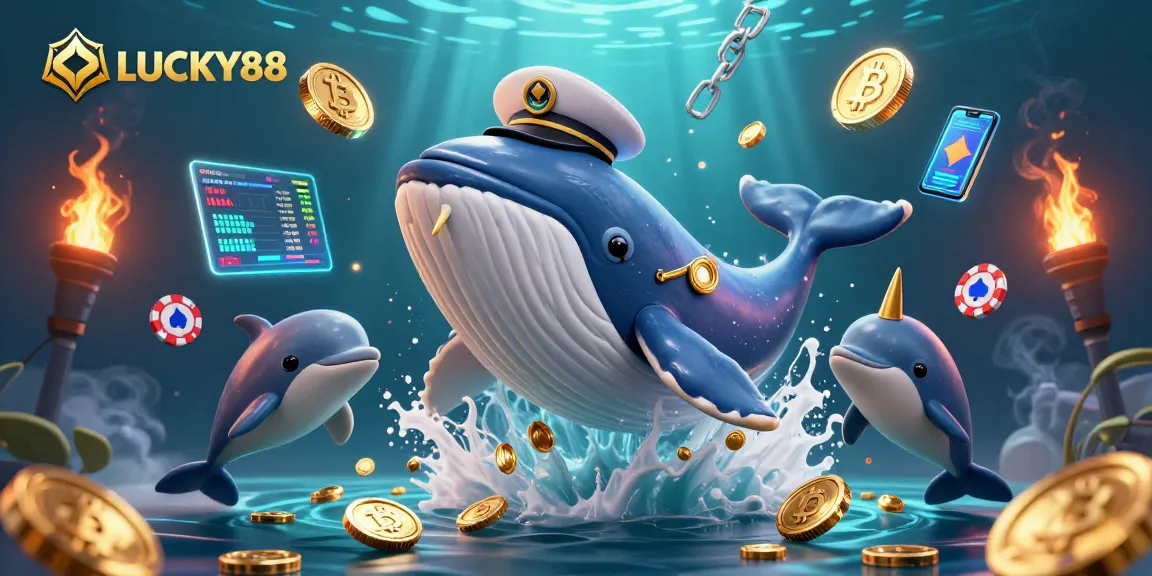 Engage with LUCKY88's vibrant casino world featuring a whale, narwhal, and dolphins among coins and crypto.
