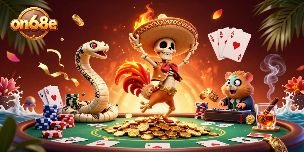 on68e showcases a vibrant gaming scene with a mariachi rooster celebrating on golden coins alongside gambling icons.
