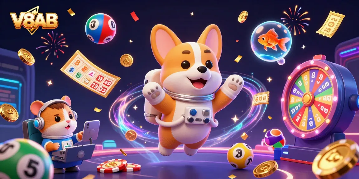 V8AB offers thrilling space casino interactions with a floating corgi amidst dynamic lottery elements.