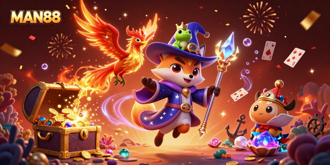 Experience MAN88's royal gaming ambiance with enchanting characters and vibrant casino elements.