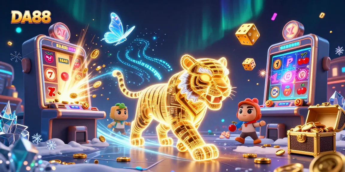 Engage with DA88's vibrant digital casino scene featuring a golden tiger, jackpot elements, and holographic companions.