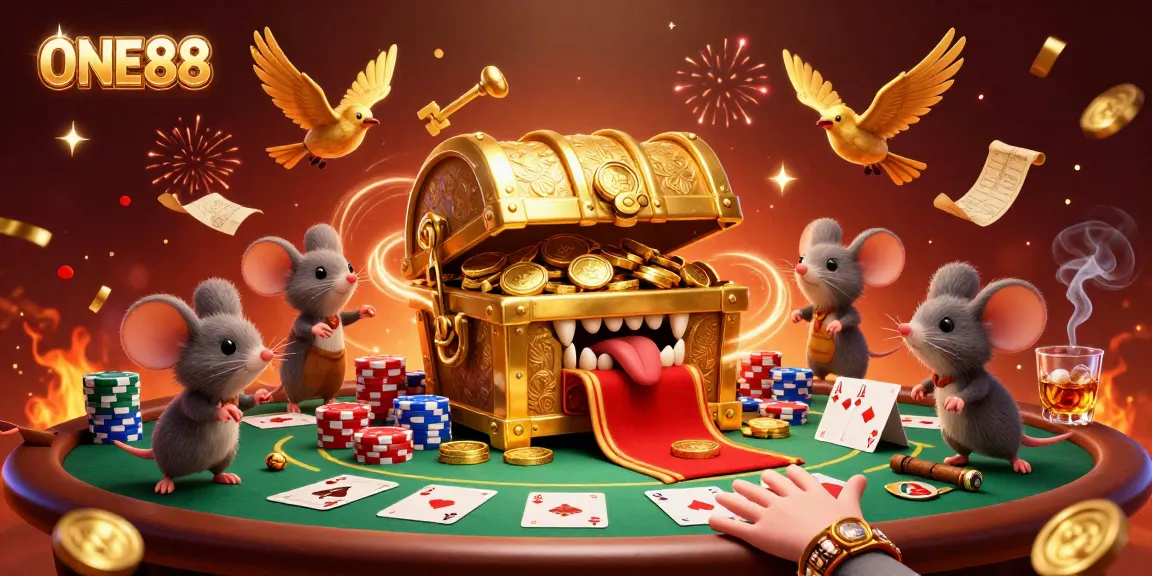 Experience the thrill of ONE88 with golden treasures and colorful poker chips in action.