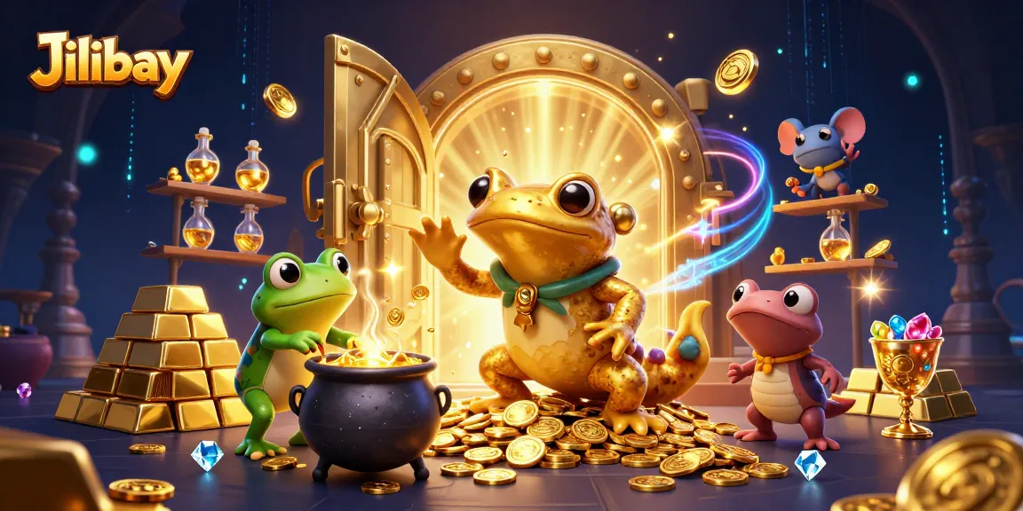 Experience thrilling gaming at Jilibay with a vibrant 3D illustration of alchemy and golden treasures in action.
