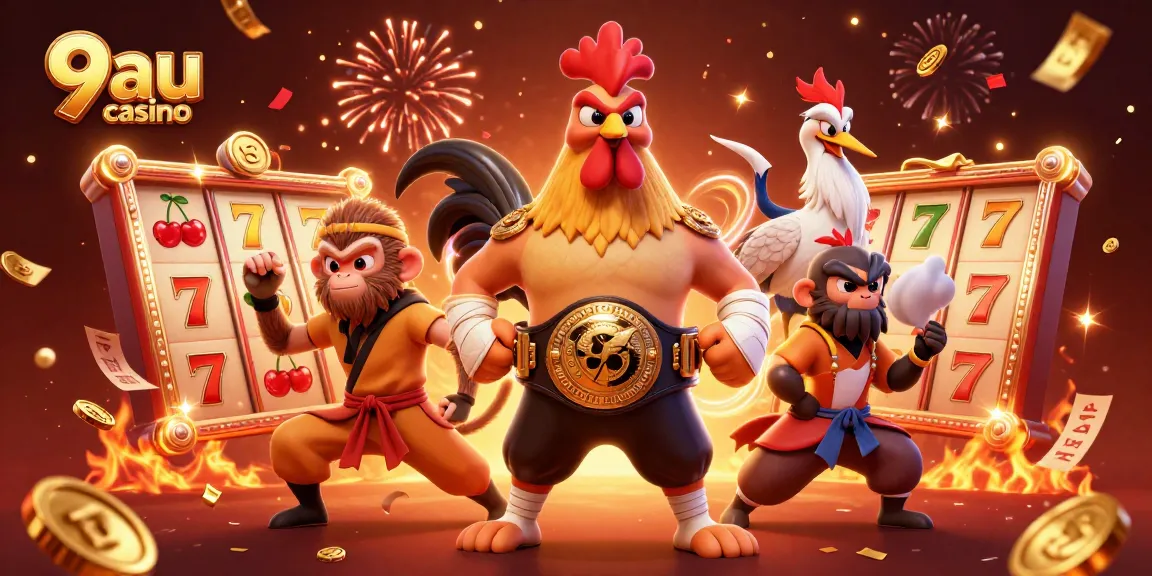 Engage with vibrant 9au casino excitement featuring a Muay Thai rooster, martial artists, and dynamic game elements.