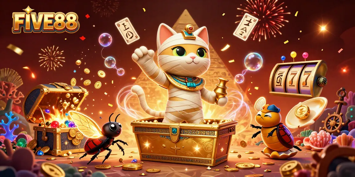 Engage with thrilling FIVE88 casino action featuring a dynamic cat and scarab scene.