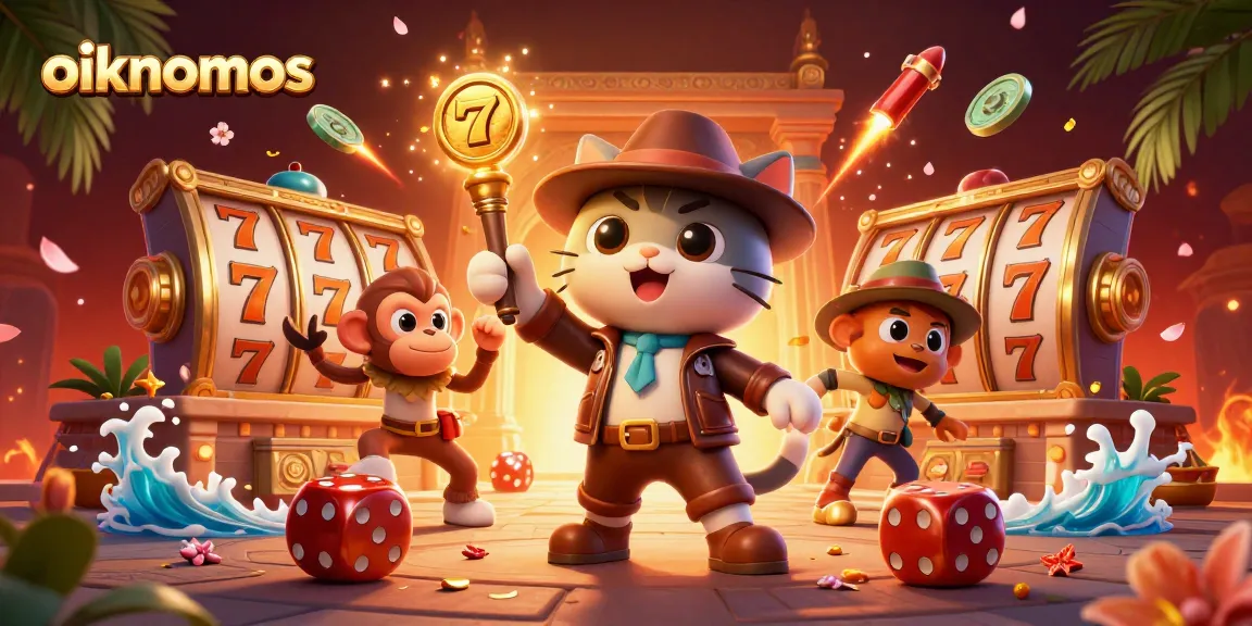 Play exciting casino games at oikonomos with a vibrant 3D scene of an adventurous cat and monkey discovering golden treasures.