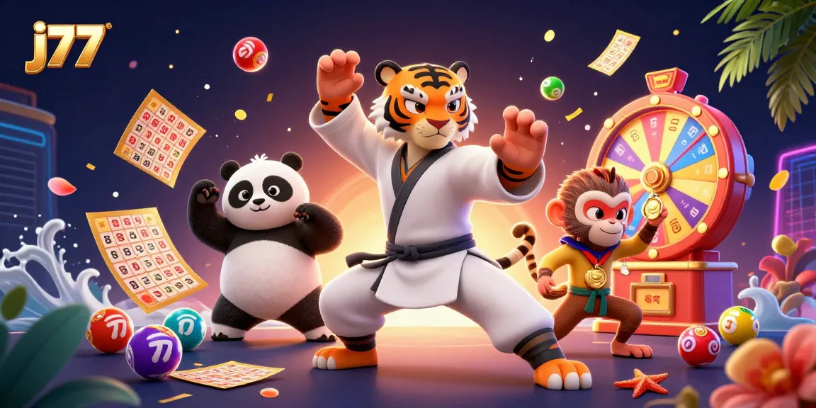 Engage with the j77 gaming experience featuring colorful elements and characters in an online casino scene.