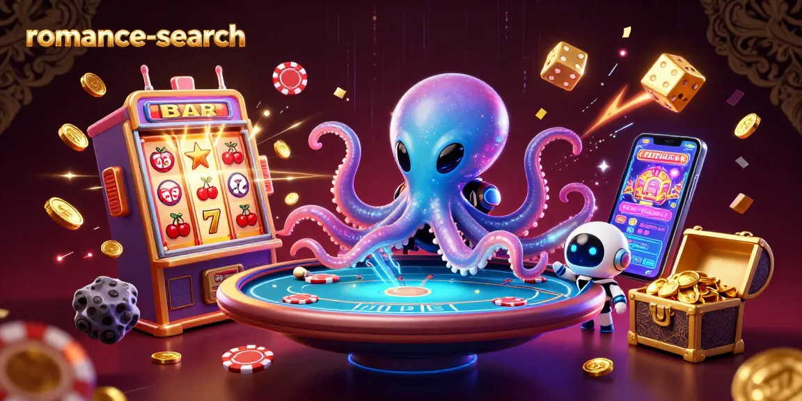 Engage in thrilling gameplay with romance-search featuring an excited alien octopus at a virtual poker table.