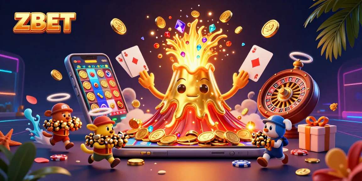 Experience ZBET's exciting treasure hunt as characters navigate a vibrant casino-themed world.