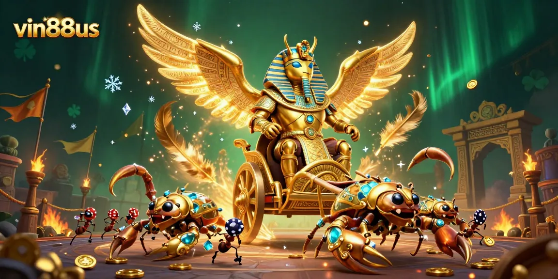 Engage in thrilling moments with vin88us featuring a colossal golden scarab in a dynamic chariot scene.