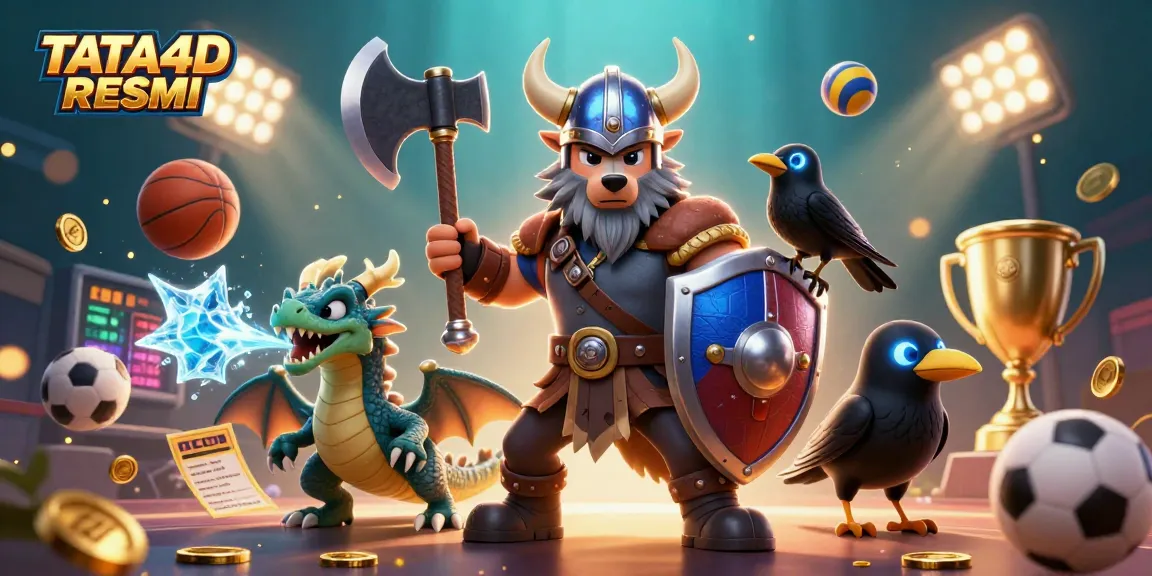 TATA4D RESMI enhances gameplay with a vibrant Viking wolf warrior, fierce dragon, and engaging sports betting elements.