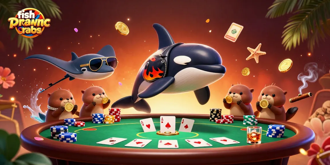 fishprawncrabs players enjoy a vibrant casino scene with cartoon sea animals and poker elements