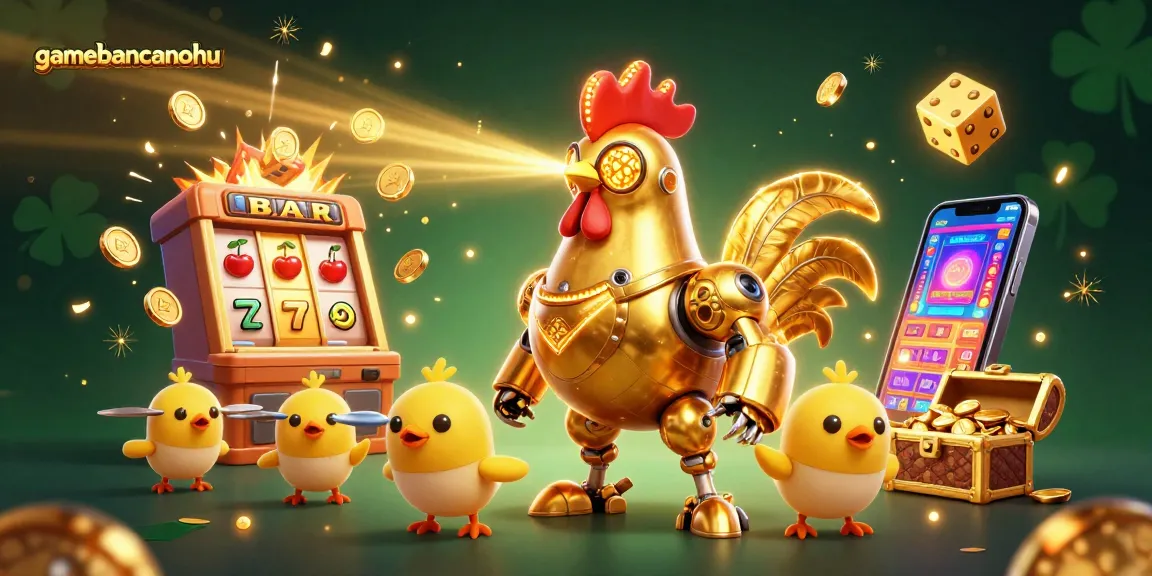 Bet big on gamebancanohu with a colorful jackpot explosion and a futuristic rooster character