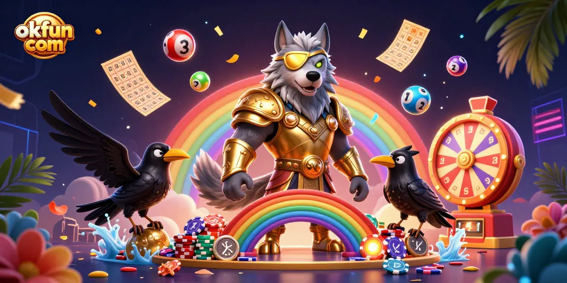 Engage with exciting games at okfun com, featuring vibrant lottery balls and a casino-themed scene.