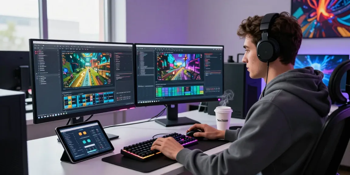 Developer engaged in coding for slot7000 platform in a modern workspace