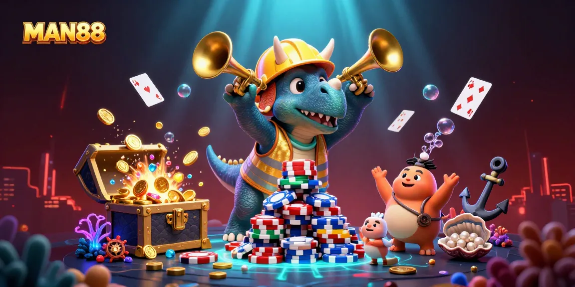 Experience thrilling gaming adventure with MAN88, featuring vibrant casino characters and dynamic elements.