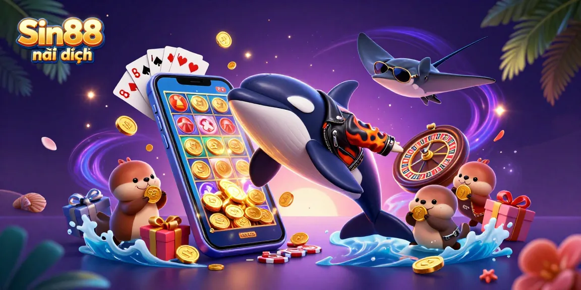 Experience exciting gameplay with Sin88 mới nhất featuring an orca in leather, otters, and dynamic casino elements.