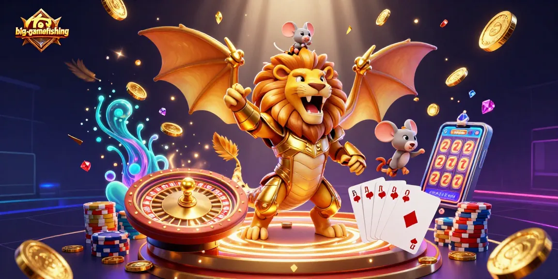 Experience big-gamefishing excitement with a chimera and mouse jockey in a vibrant casino scene.