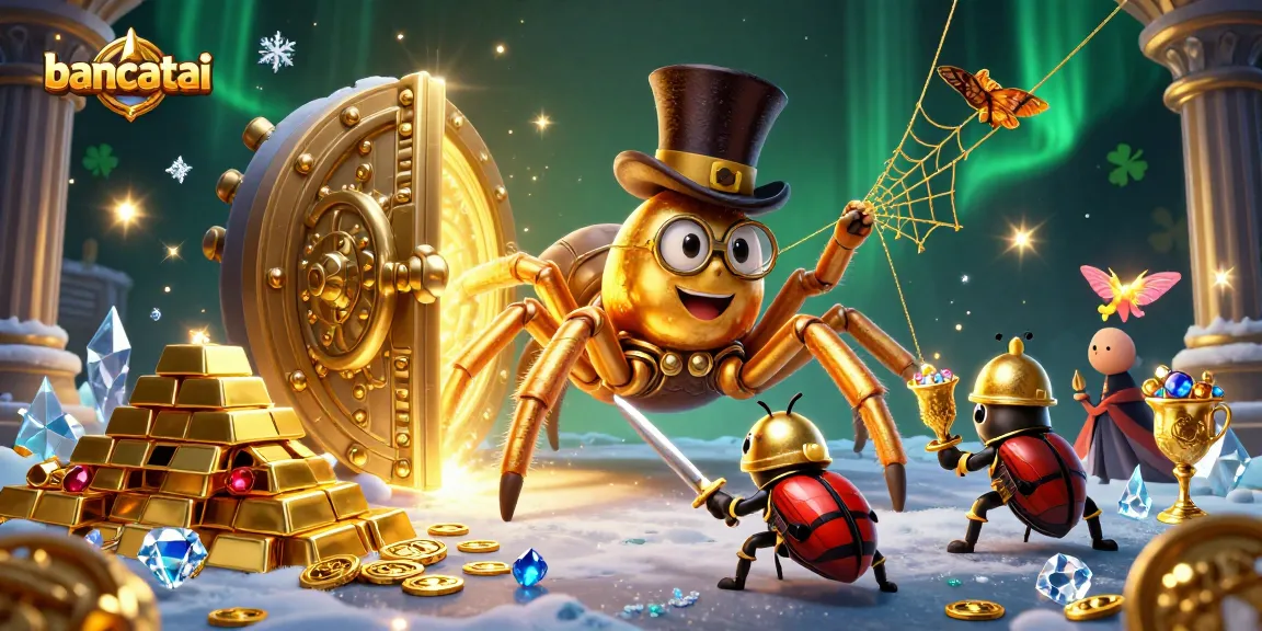 bancatai features a golden tarantula and a knight amidst overflowing treasure in an interactive casino.