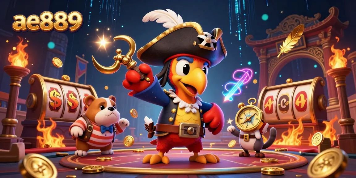 Experience thrilling gaming action with ae889, featuring pirate characters amidst gold and casino elements.