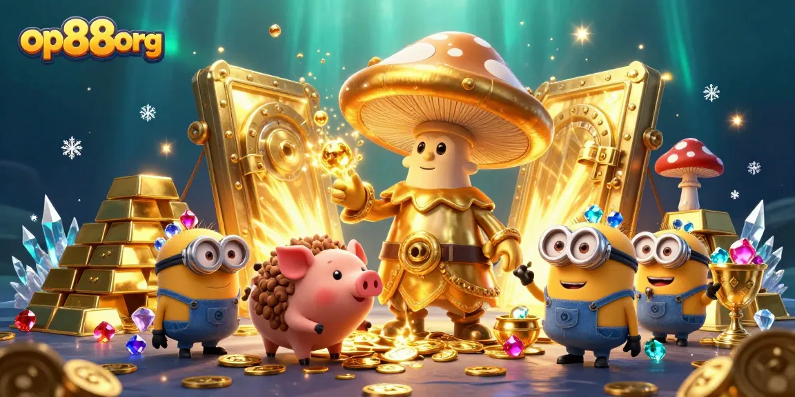 Discover the magic of op88org with the golden mushroom wizard turning treasures into gold in an enchanted casino world.