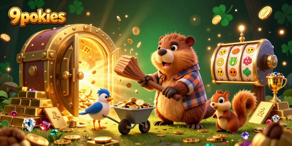 Experience the excitement of 9pokies with a beaver and friends collecting golden coins from a jackpot tree.