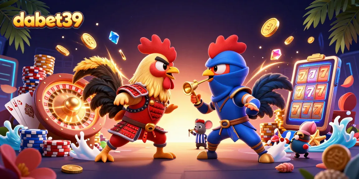 Defend victories in dabet39's vibrant fighting arena with roosters battling amidst casino elements.